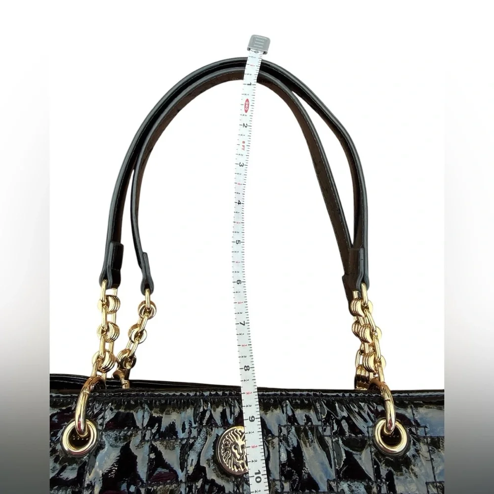 Anne Klein Black Quilted Patent Tote Bag Gold Lion Logo Chain Strap Shoulder Bag